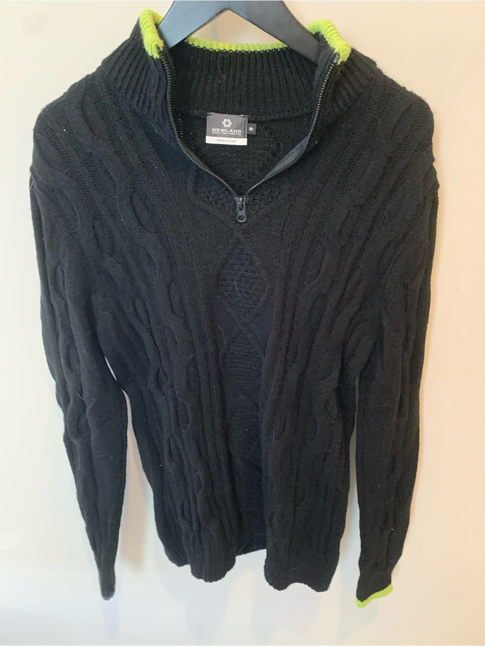 Men's Black Cable-Knit Zip Sweater with Lime Trim - Made in Italy